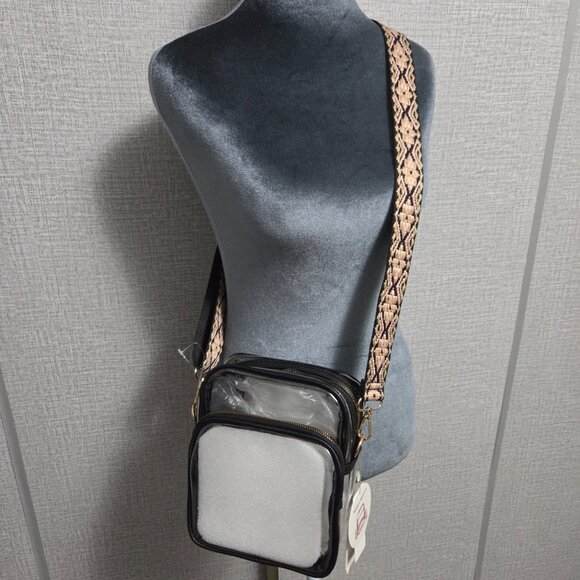 Le Miel Clear Stadium Crossbody Bag, Black Trim, Gold Hardware, Boho Strap - Picture 7 of 9